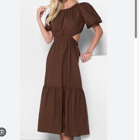 Meet Me in Santorini | NWT Ashley Poplin Cutout Maxi Dress Puff Brown Size S - Picture 2 of 12